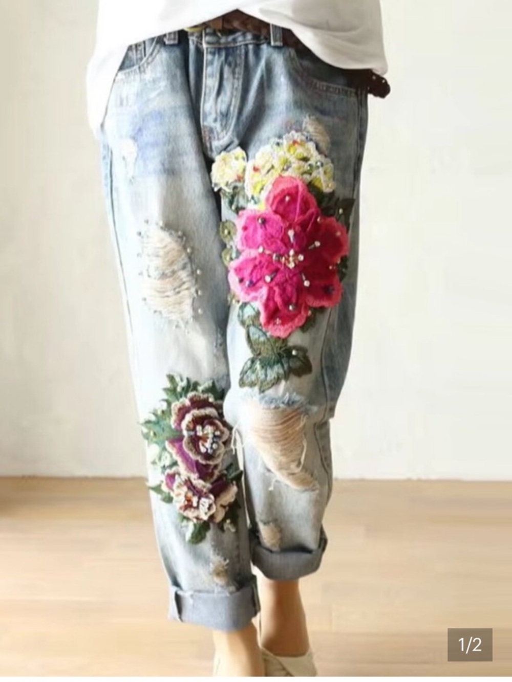 Ursime Flower Embroidery Ripped Pearl Decor Boho Boyfriend Style Denim Jeans M